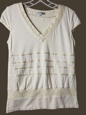 Parameter Womens V-Neck Top W/Textured Stripes & Satin Trim Accents Ivory Medium